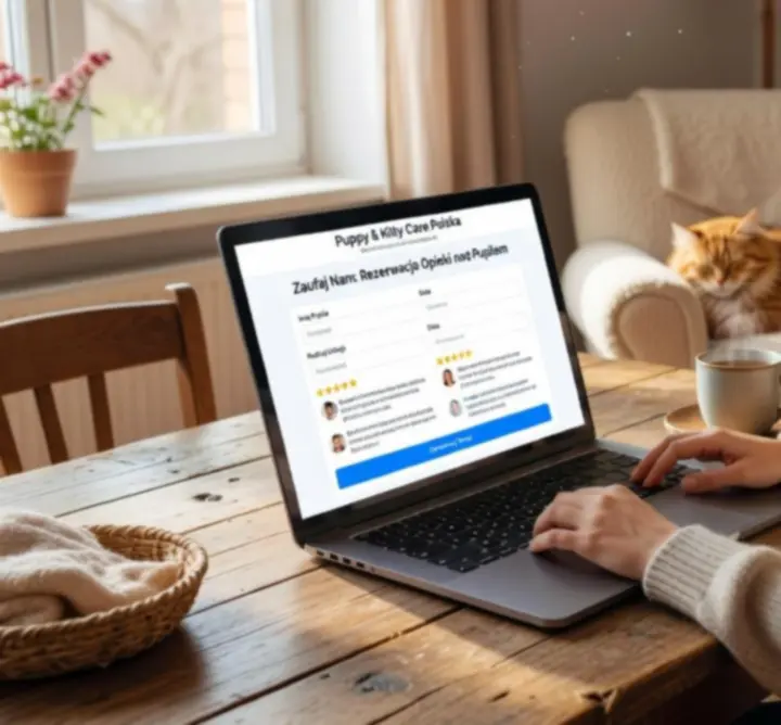 Właściciel zwierzaka rezerwuje opiekę online na laptopie w PetNestlyShop