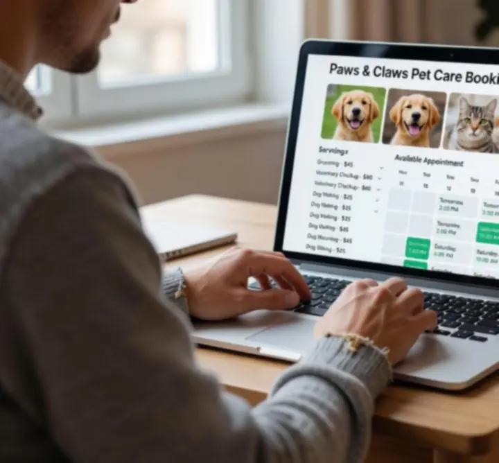 Widok platformy rezerwacji online PetNestly Shop na ekranie laptopa